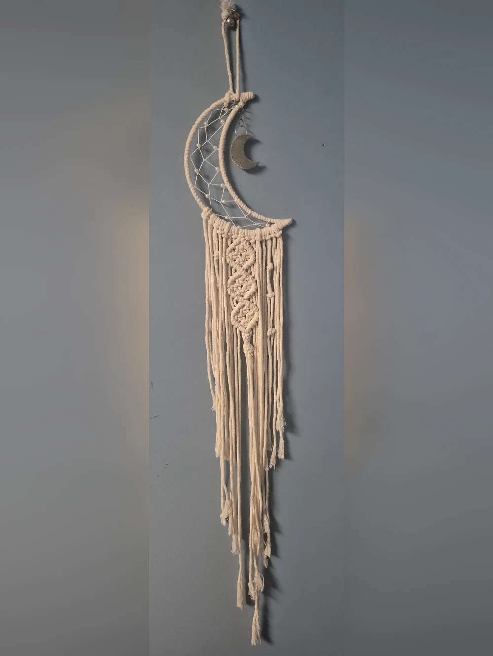 Bohemian Crescent Moon Cream Tone Macrame Dream Catcher Wall Hanging